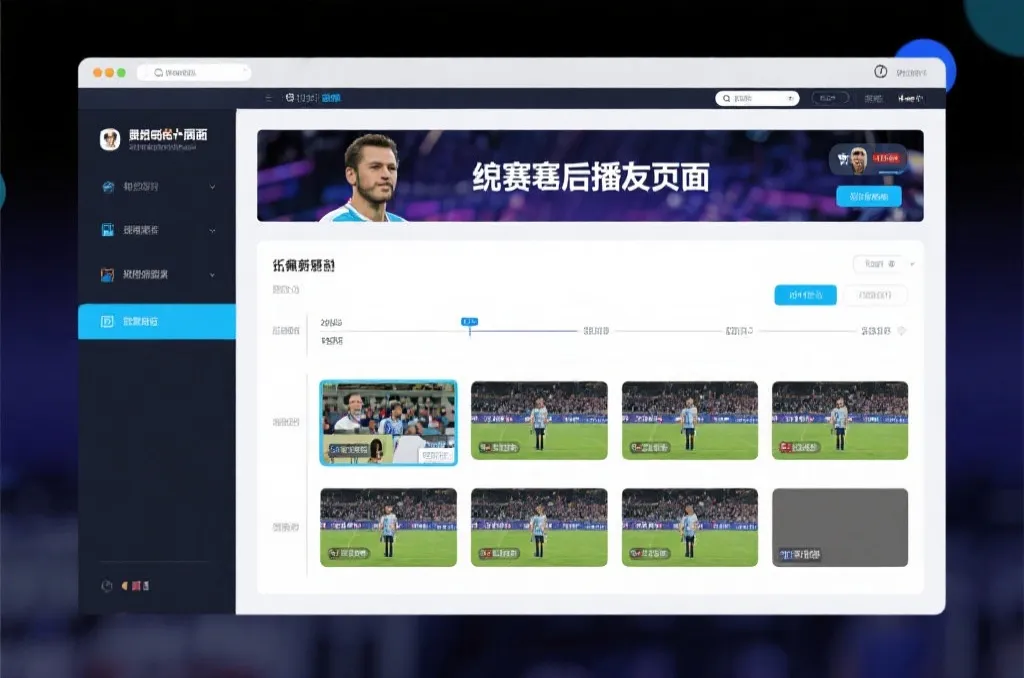 比赛结束后，电视屏幕展示集锦回放页面，旁边有时间轴和多角度切换提示